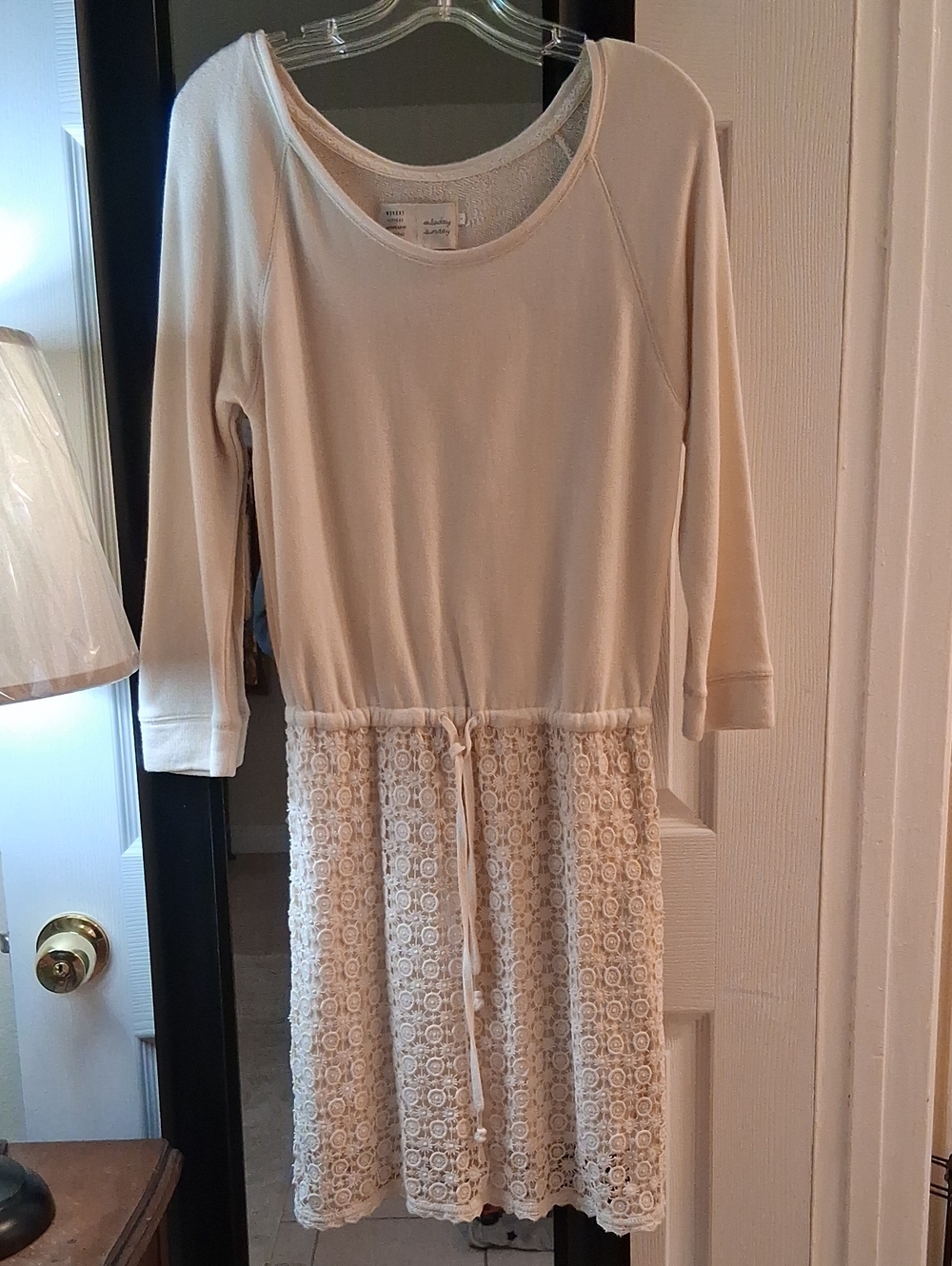 Anthropologie Cream Long-Sleeve Drawstring Lace Skirt Dress